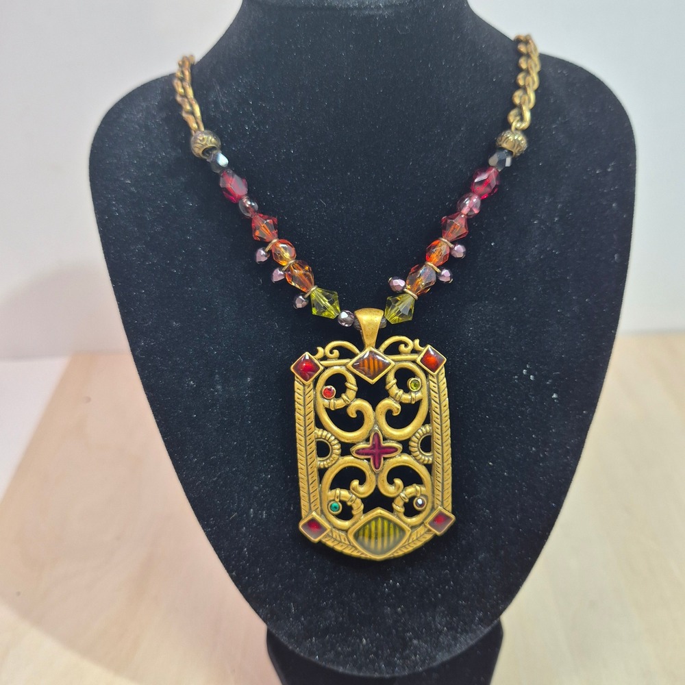 Chicos Statement Necklace Gold Tone Filigree Pendant Beaded Chain Red Amber Boho